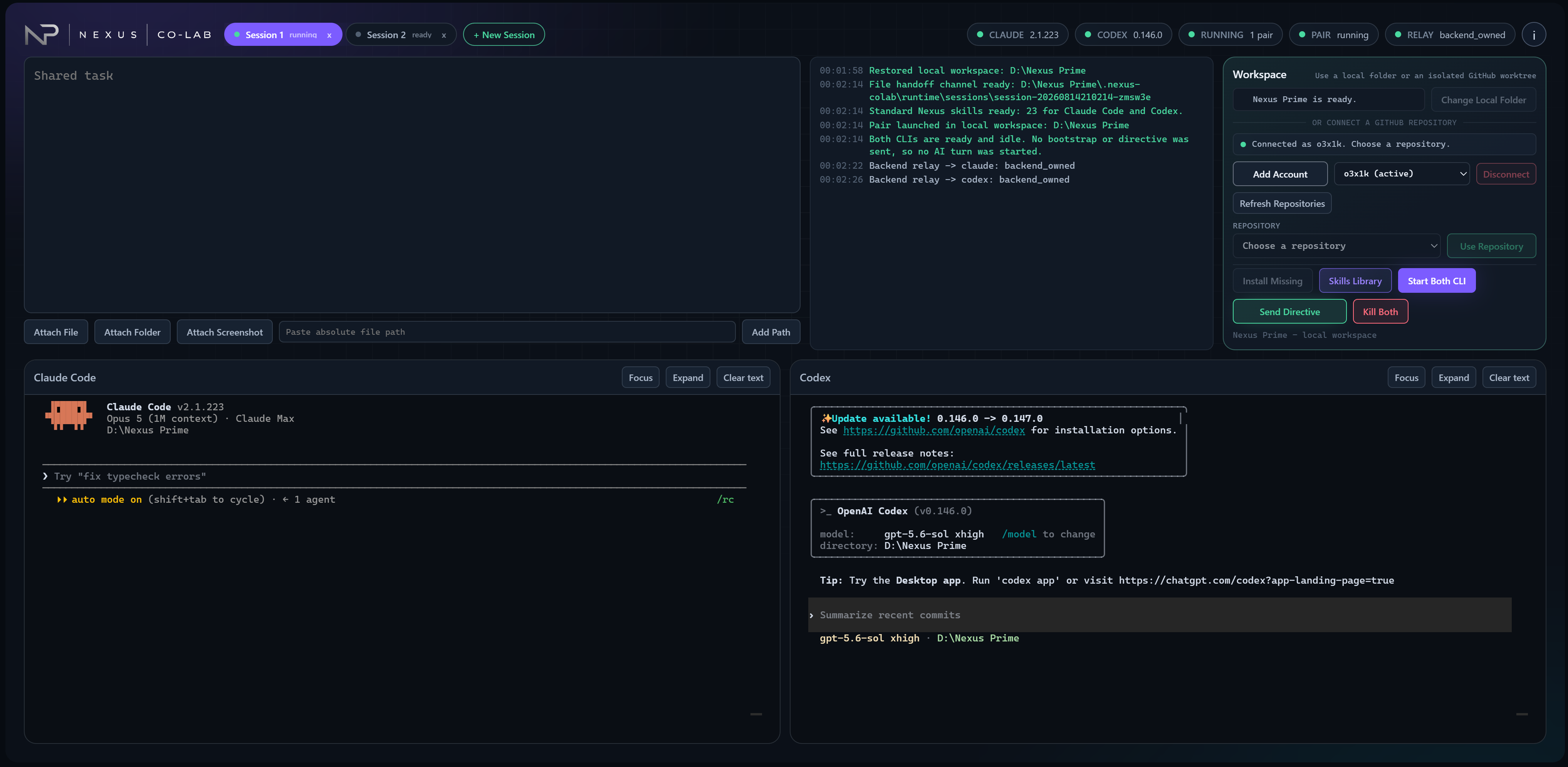 Nexus Co-lab application interface with Claude Code and Codex working side by side in one local workspace