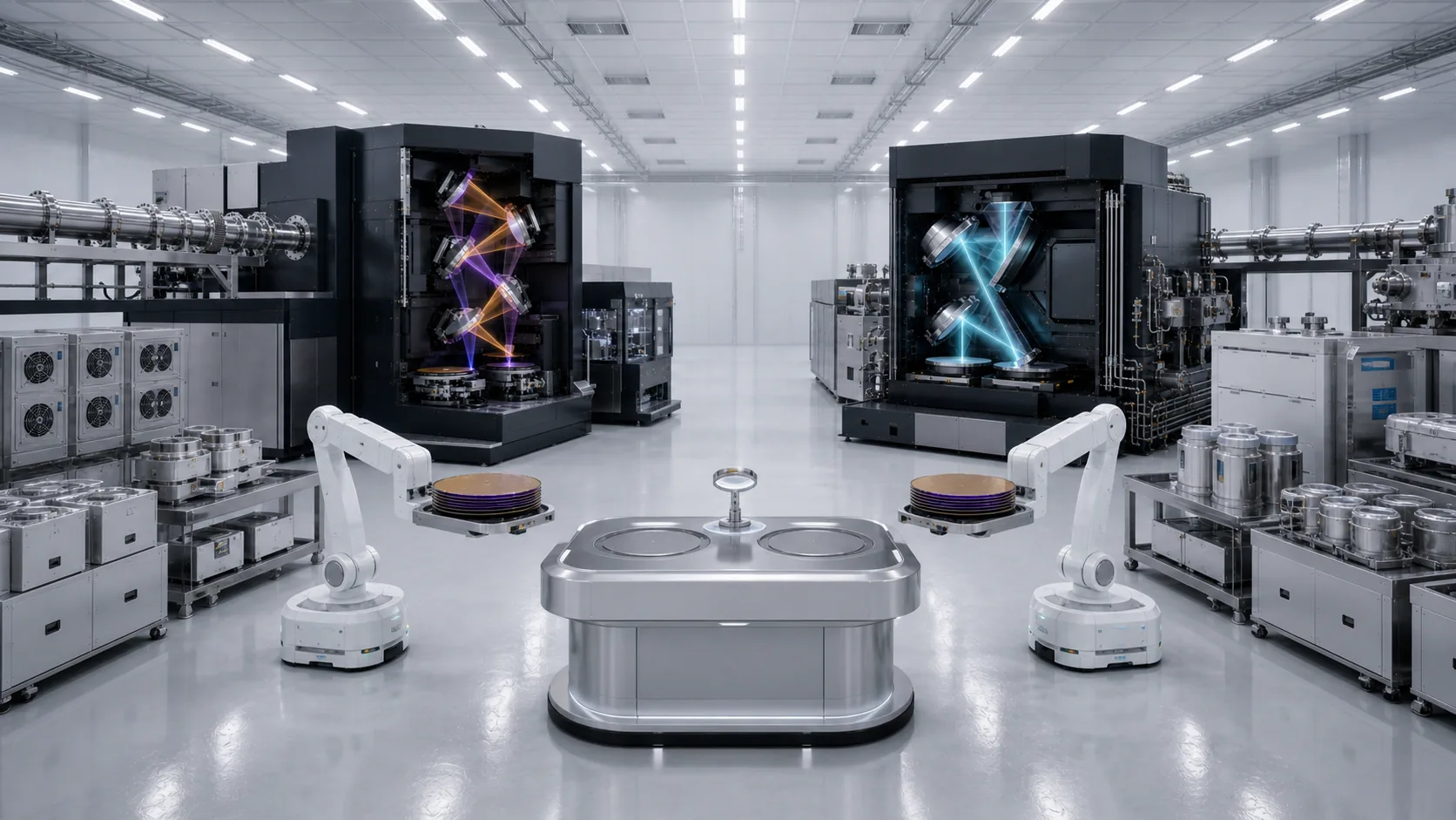 Q6 and E13 concept machines face each other across automated wafer handling and inspection equipment in a cleanroom.