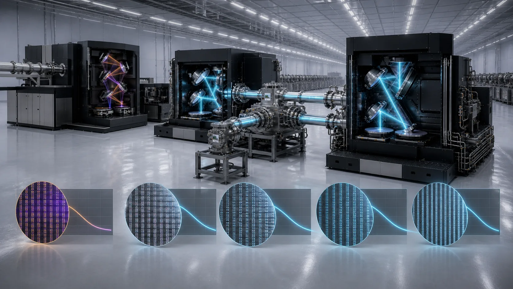 E13 Photon Foundry concept shown larger with bright blue optics and a row of improving wafer patterns while Q6 recedes, illustrating the outcome where Gate A fails and Gate B finds no limiting floor.