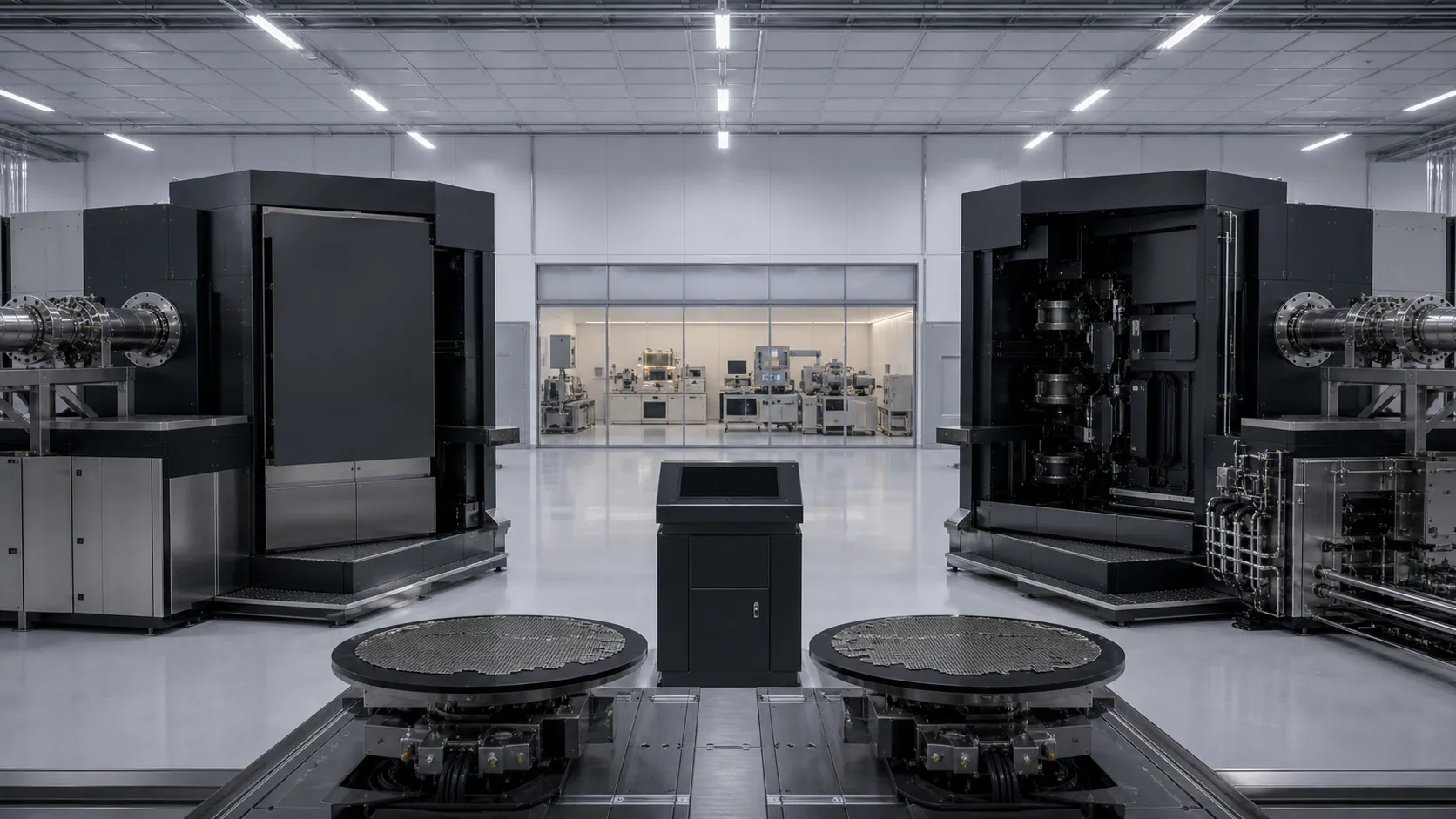Two inactive black lithography concept machines face empty wafer stages and a dark control console in a quiet cleanroom.
