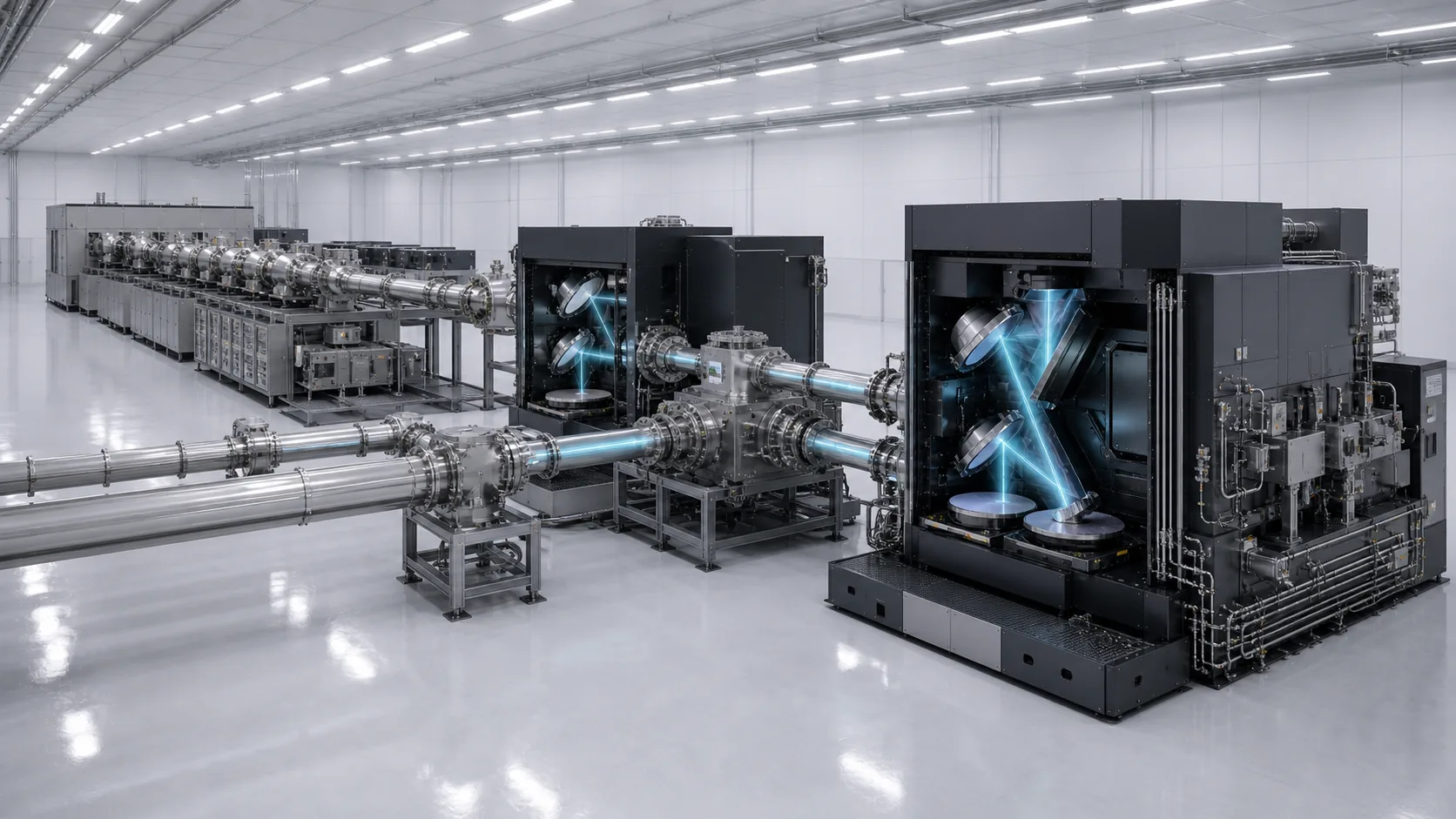 E13 Photon Foundry with a long accelerator light source, vacuum switchyard, and two cyan-beam 13.5 nm scanner stations in a cleanroom.