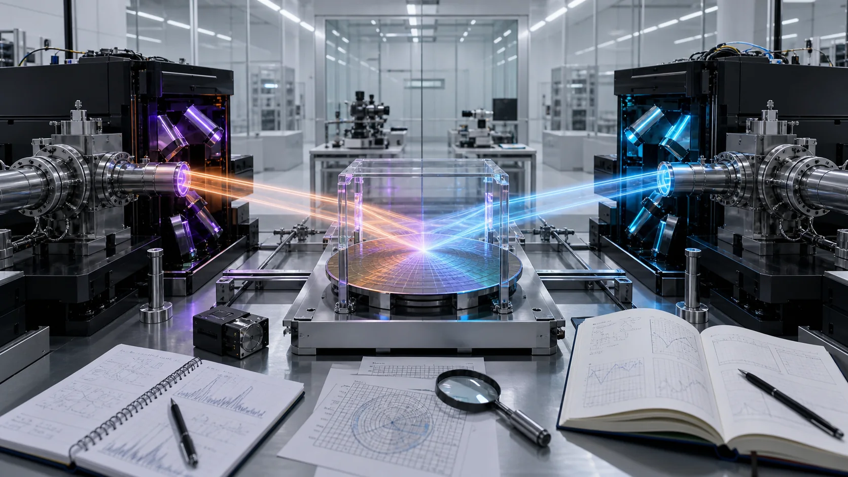 Two lithography research paths converge on one wafer metrology station, with a violet reflective optical rig at left and a cyan accelerator-fed rig at right.
