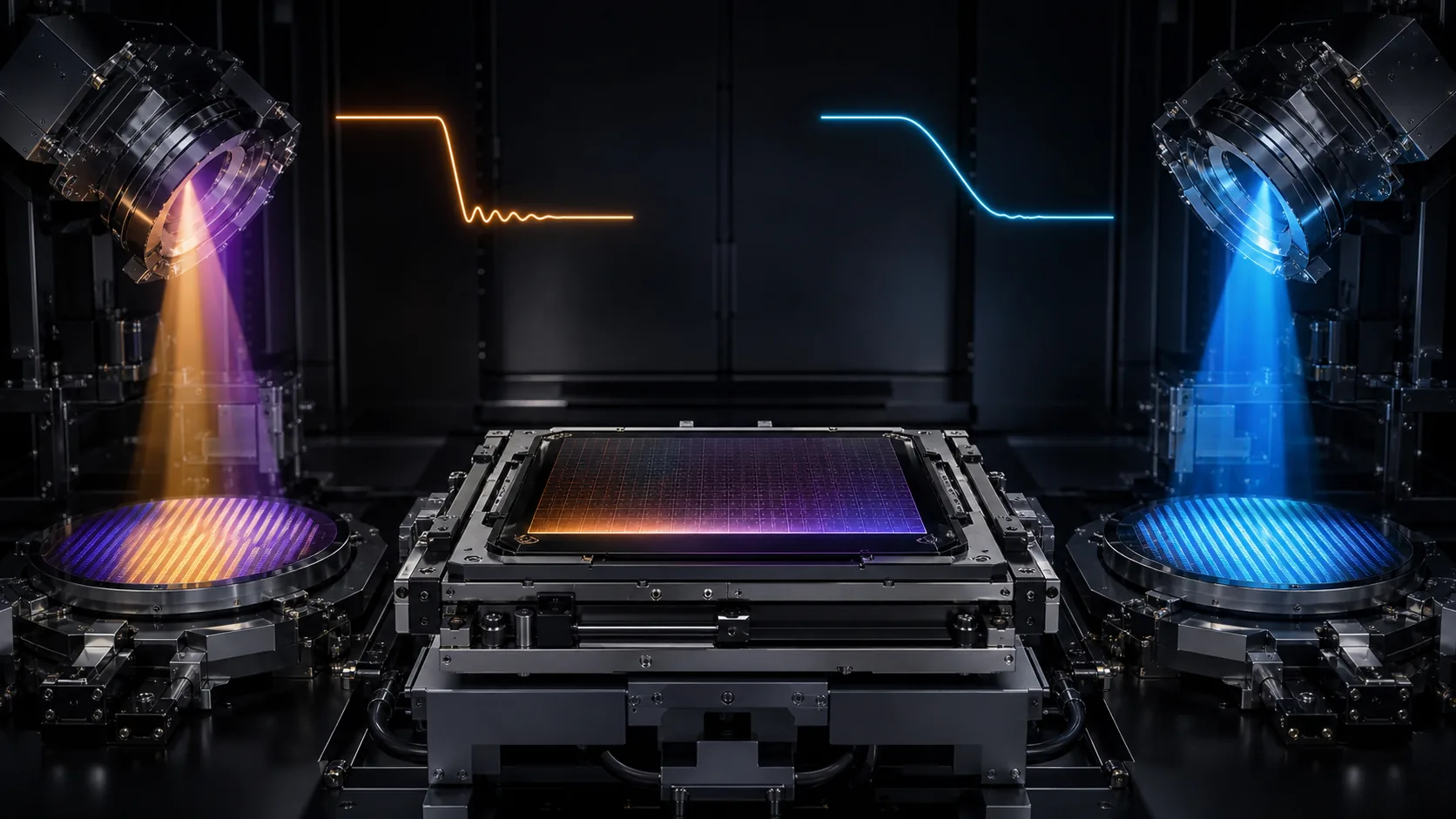 Violet and cyan lithography exposures face a central reticle while image-slope curves compare the Q6 and B2 concepts.