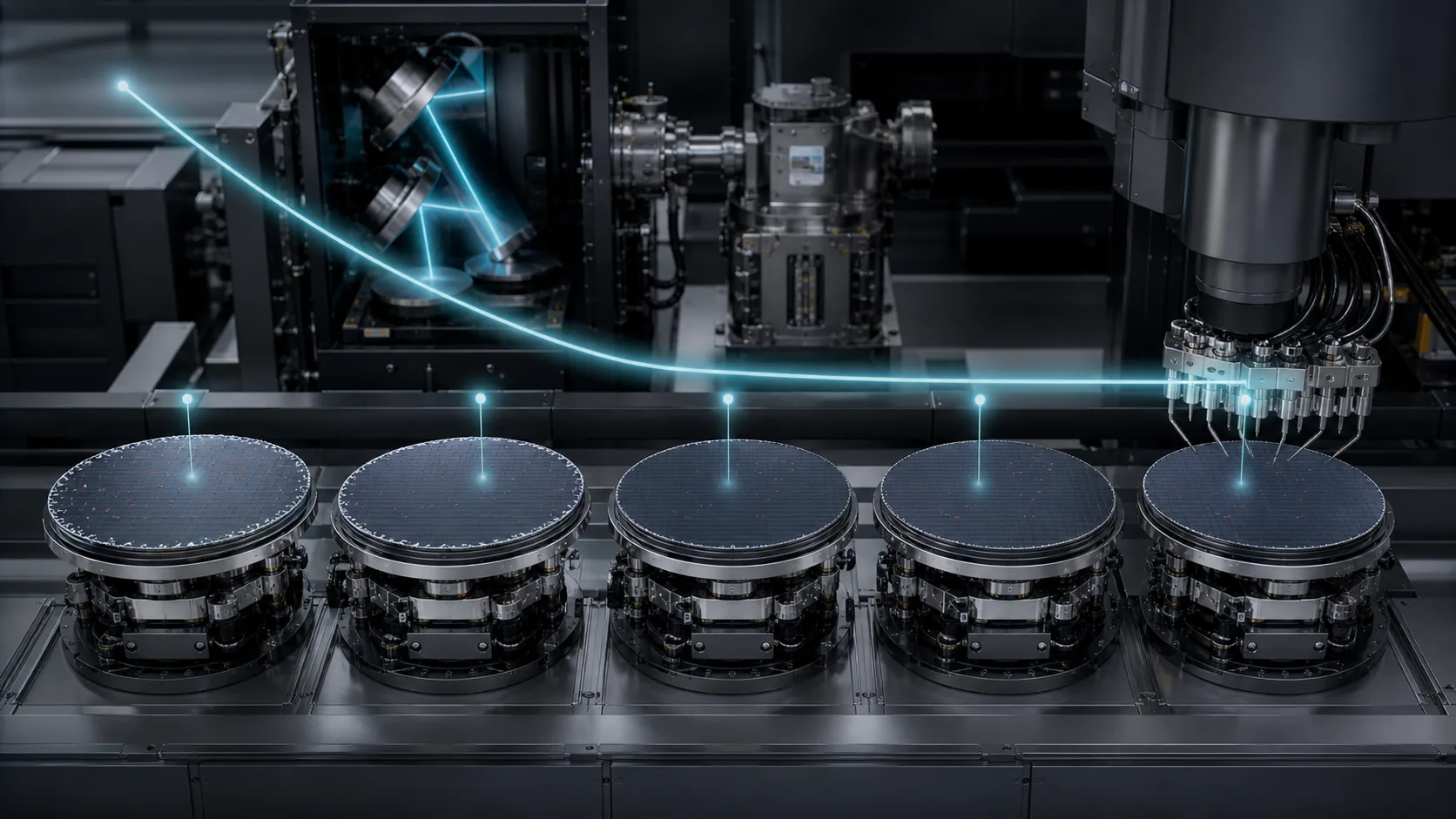 Five wafer stages under a metrology head follow a cyan improvement curve that approaches a residual floor as exposure rises.