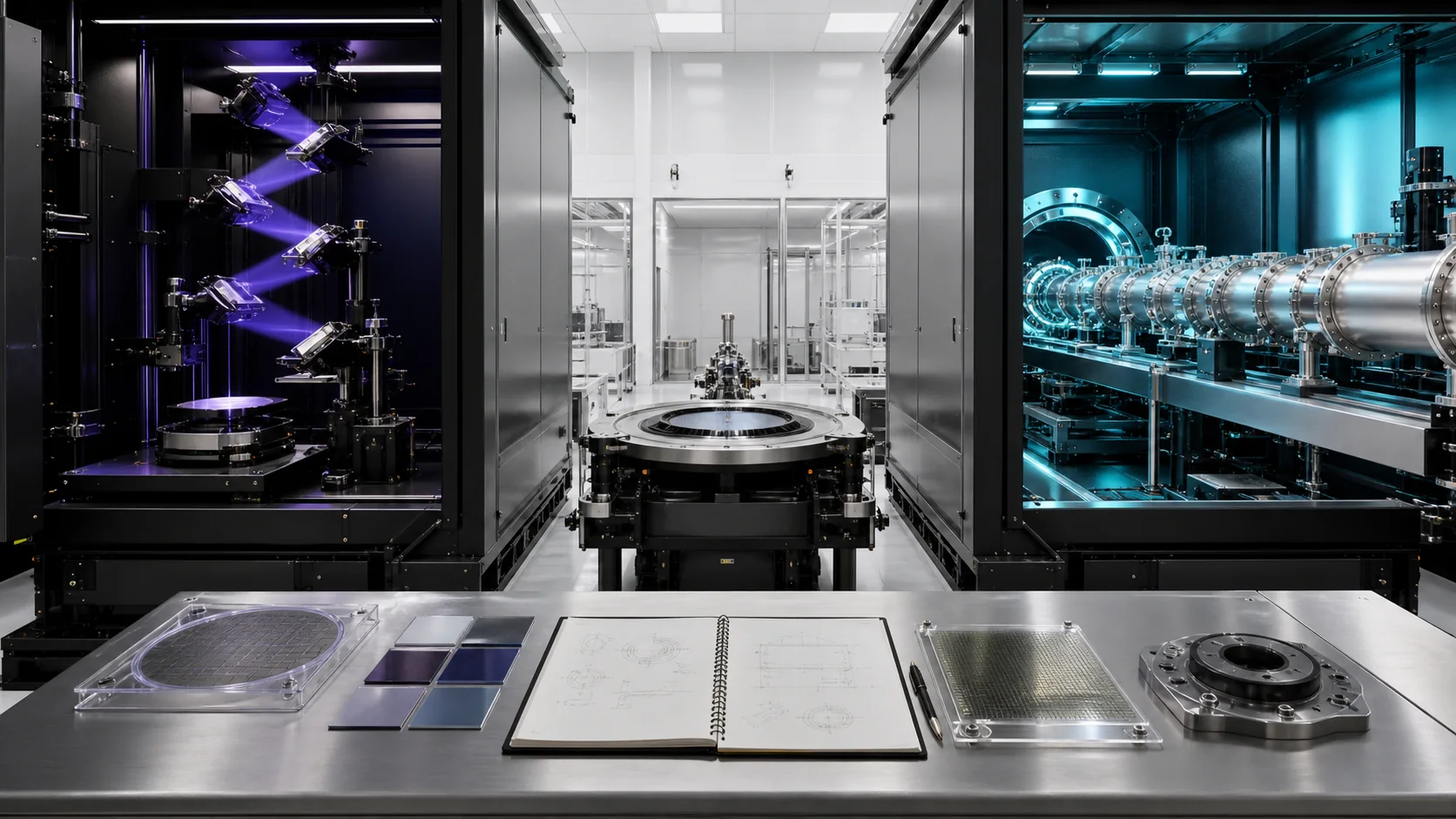A violet six-mirror optical bench and a cyan accelerator beamline face a shared wafer station and engineering notebook.