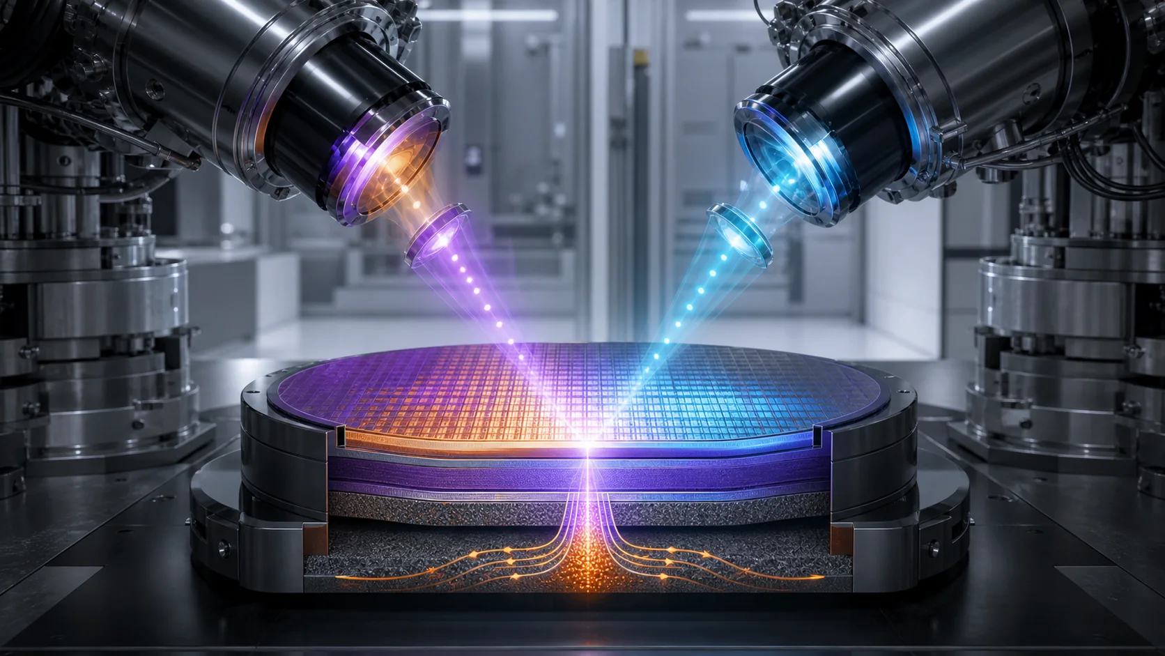 Violet and cyan exposure paths enter a wafer process chamber with visible resist, heat-flow, and metrology layers.