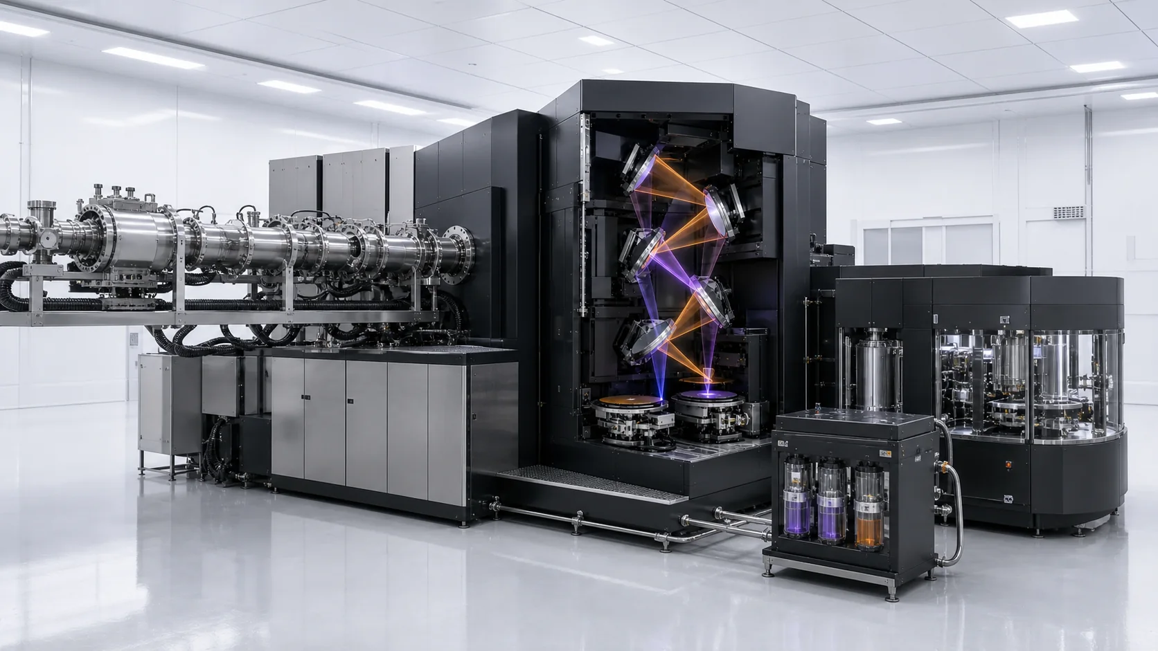 A complete violet Q6 lithography chain combines a short-wavelength source, six reflective optics, a wafer stage, and dry process modules.