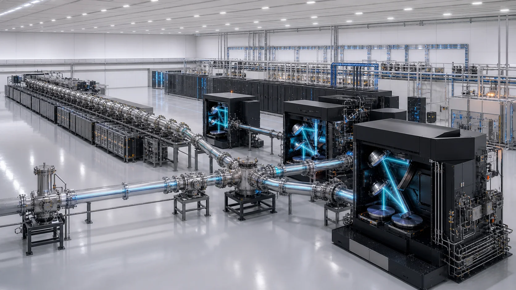 A long energy-recovery accelerator feeds several cyan scanner stations through a shared vacuum switchyard in a cleanroom.