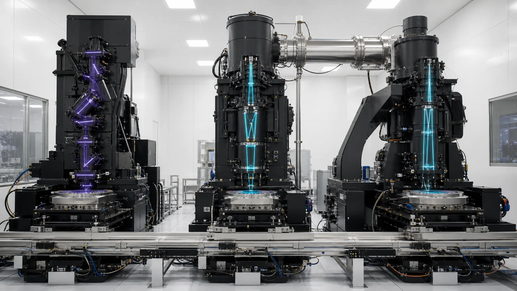 Three exposure modules, violet Q6, cyan High-NA B1, and cyan hyper-NA B2, stand behind one shared wafer metrology rail.