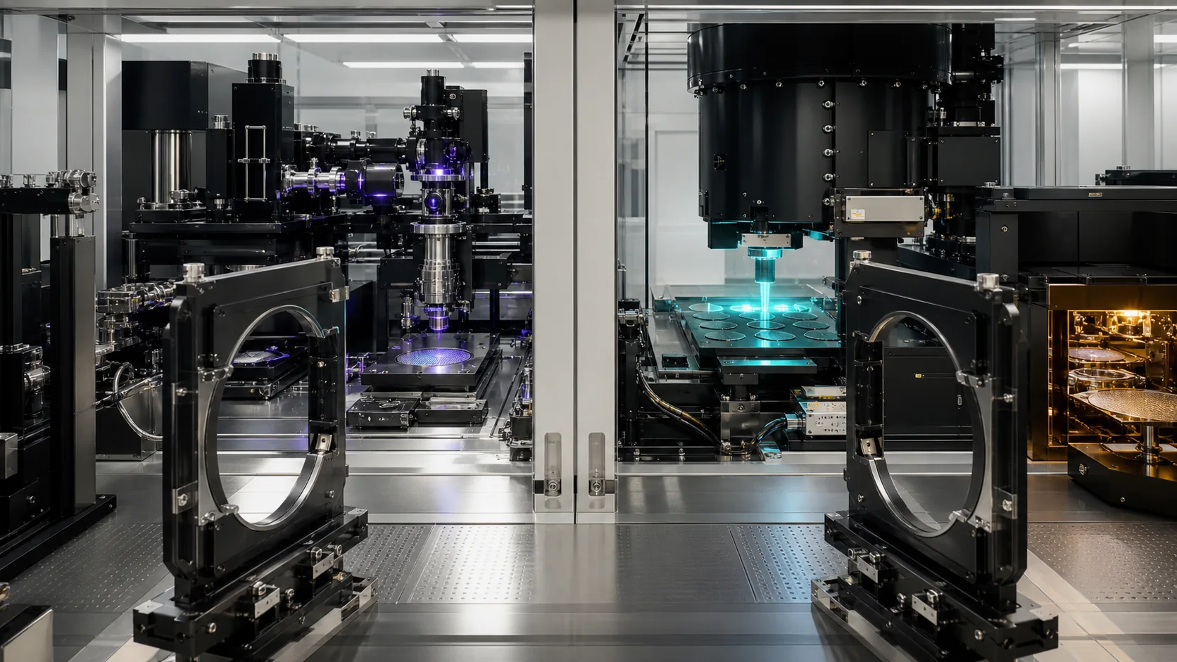 Two open physical gate frames reveal a violet aerial-image test bay and a cyan High-NA dose-ladder test bay.