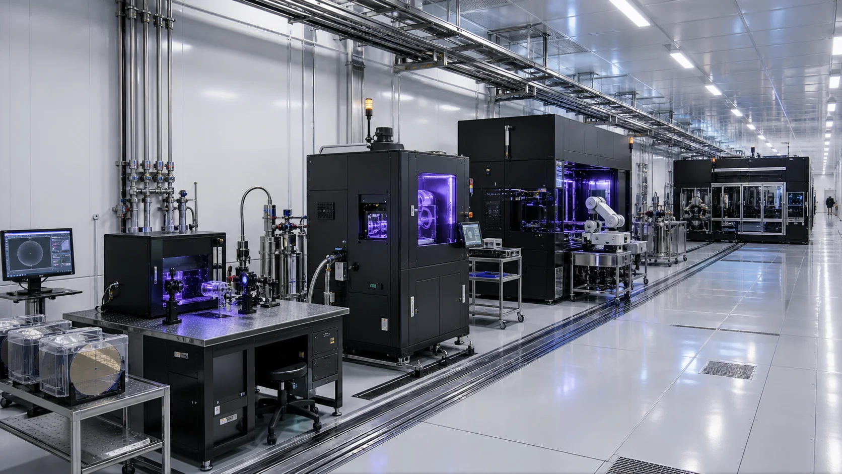 A cleanroom progression moves from a coating bench to a microfield tool, an alpha scanner, and a production-class system.