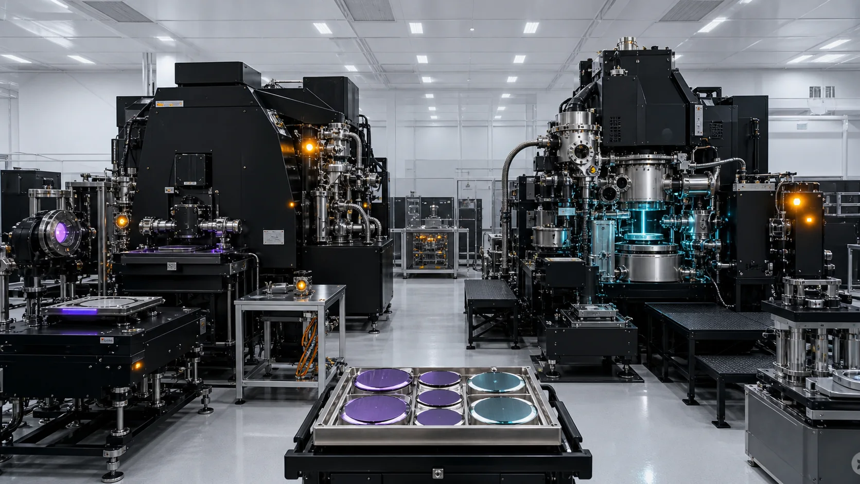 The violet Q6 and cyan E13 machines undergo side-by-side qualification with optical, thermal, resist, and wafer test stations.