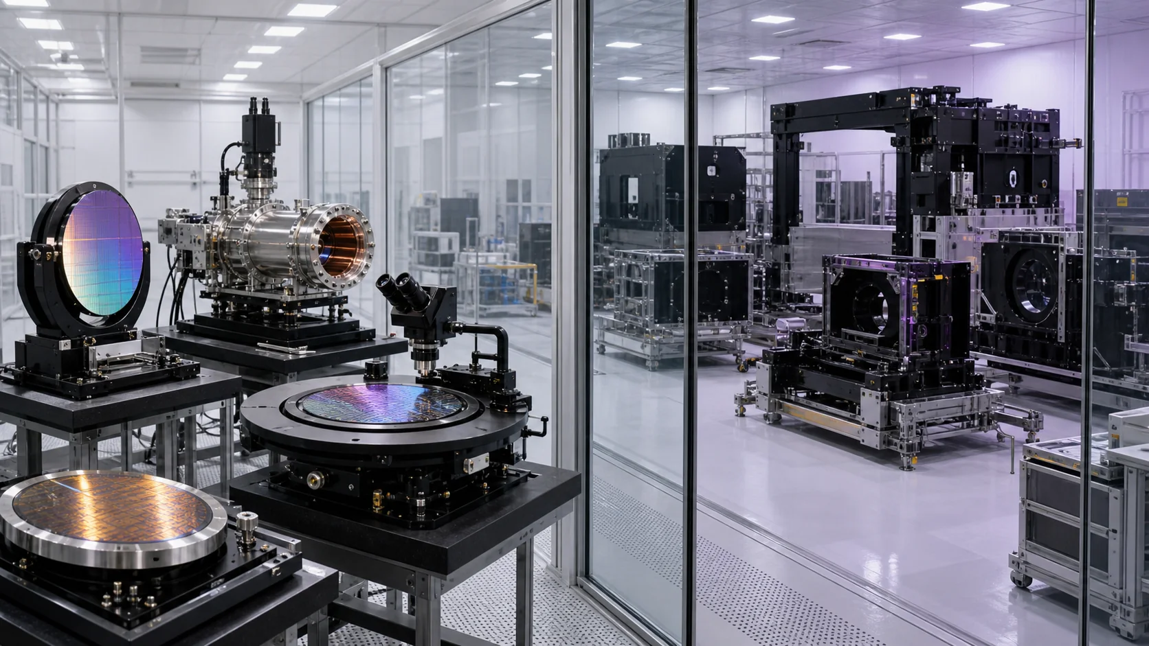 Validated wafers, optics, and source components occupy a bright lab while incomplete full-machine assemblies remain behind glass.