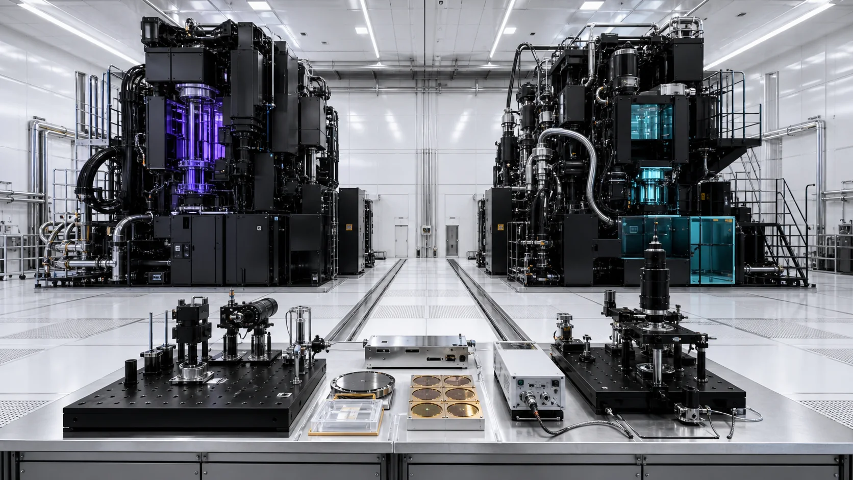 Two full lithography concepts stand equally behind a common bench holding a phase-reticle image test and a High-NA dose test.