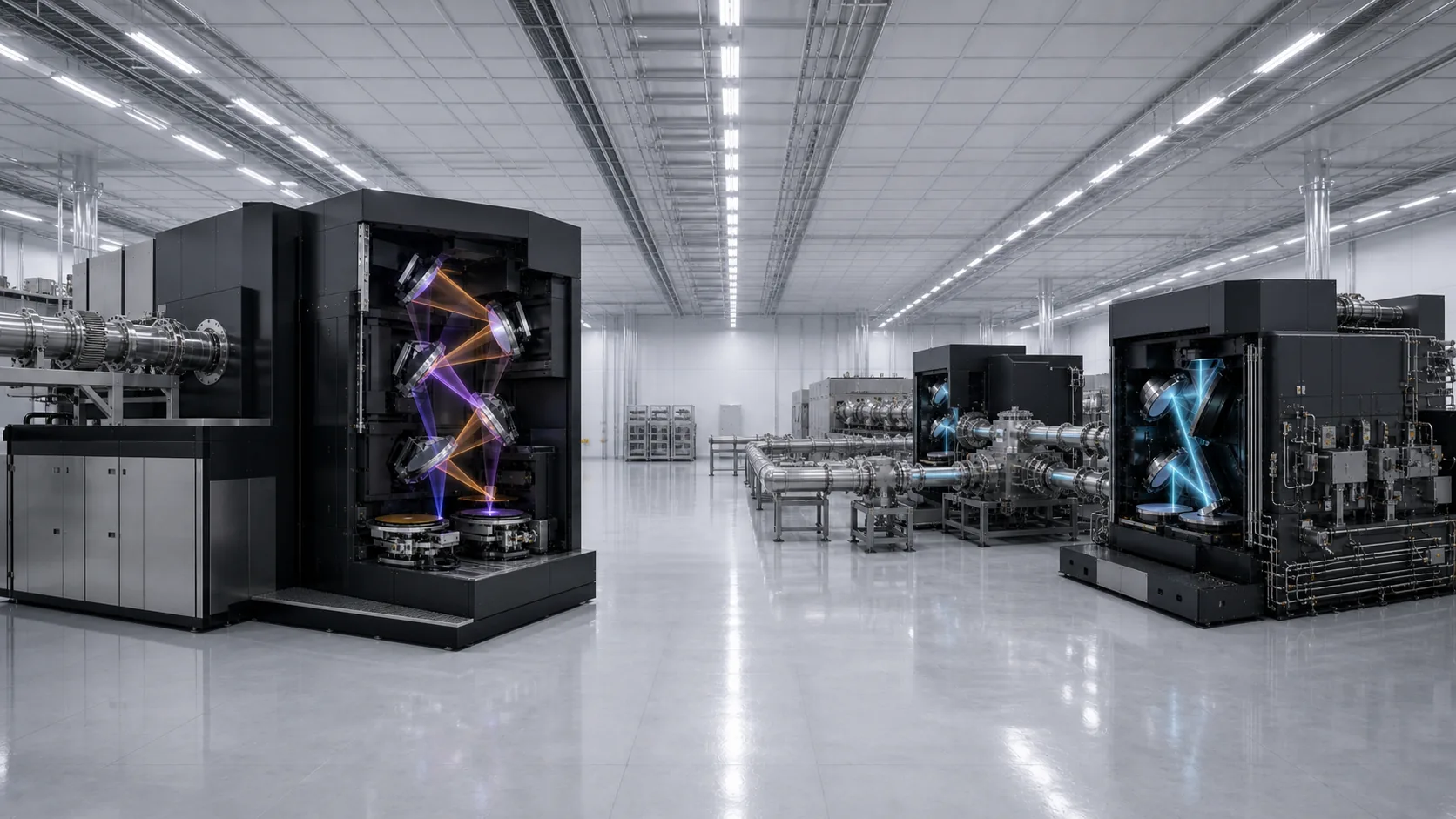 Concept visualization comparing the Q6 Sentinel and E13 Photon Foundry lithography architectures in a semiconductor cleanroom.