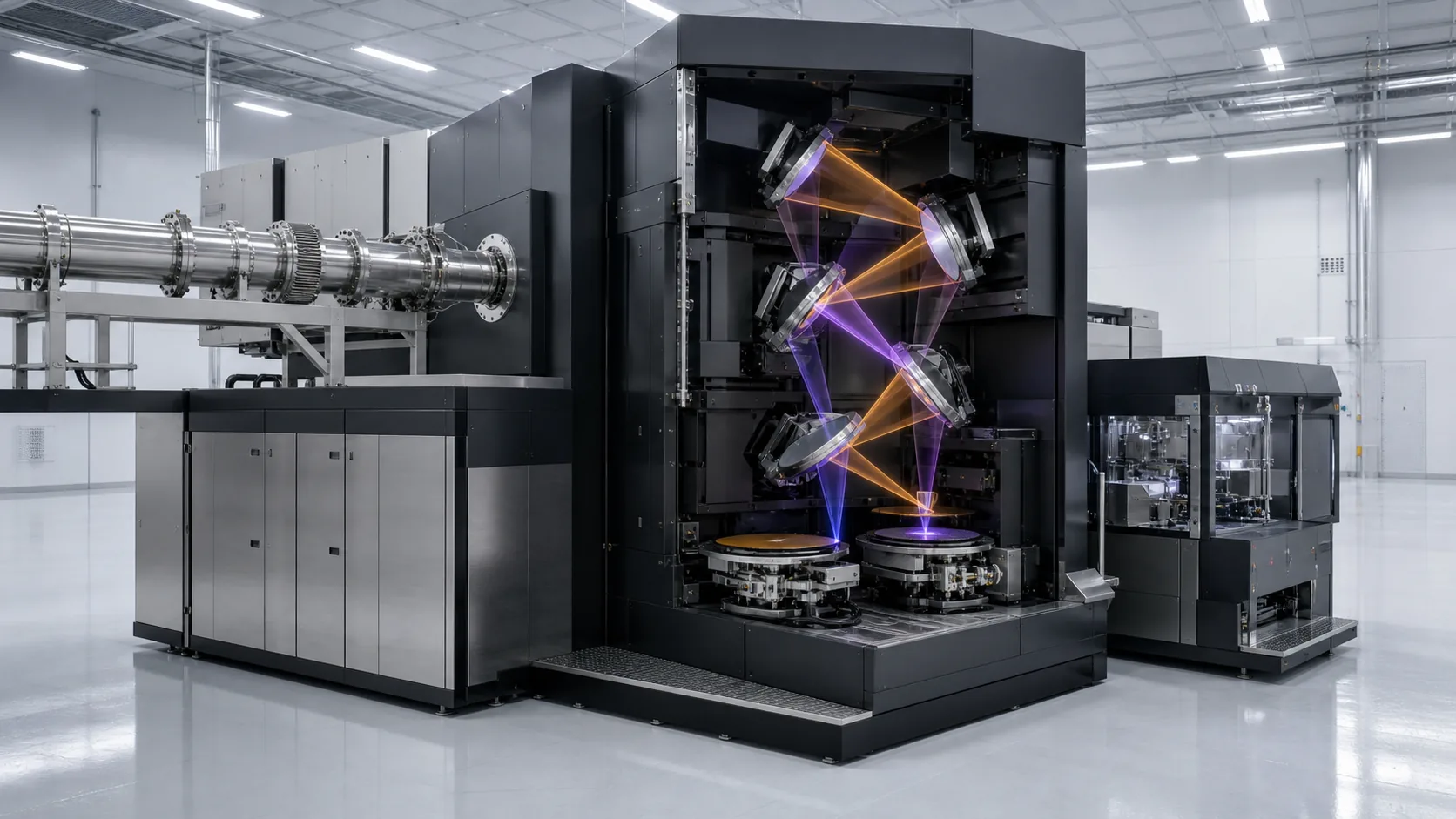 Q6 Sentinel with a black six-mirror projection column, violet and amber beam paths, wafer stages, and a 6.65 nm beamline in a cleanroom.