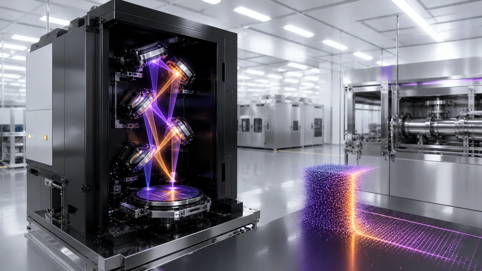 A compact violet reflective lithography column focuses through multiple mirror stages onto a wafer in a cleanroom test bay.