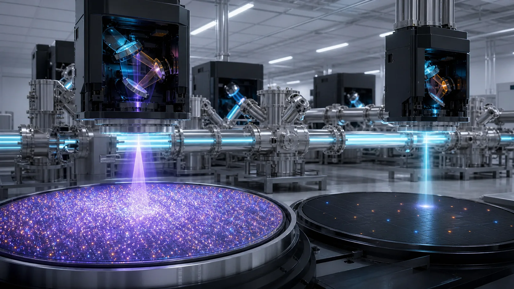 A shared accelerator light utility feeds scanner modules beside wafer samples with sparse and dense photon exposure patterns.