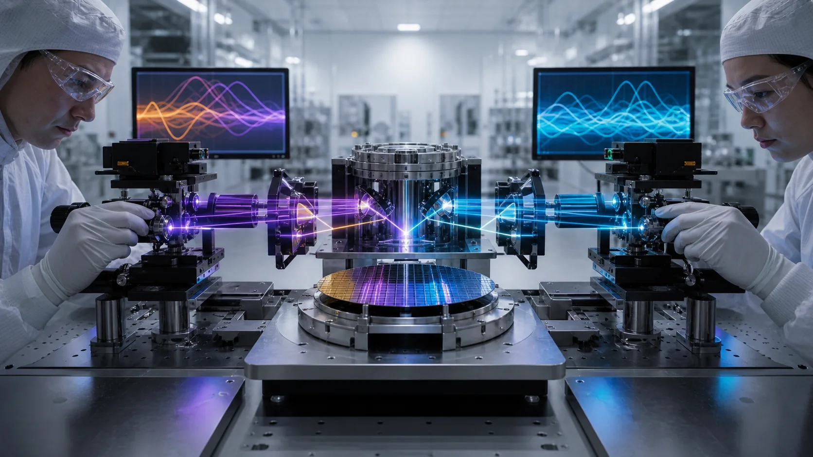 Two independent metrology paths inspect the same patterned wafer while technical plots and optical samples surround the test station.