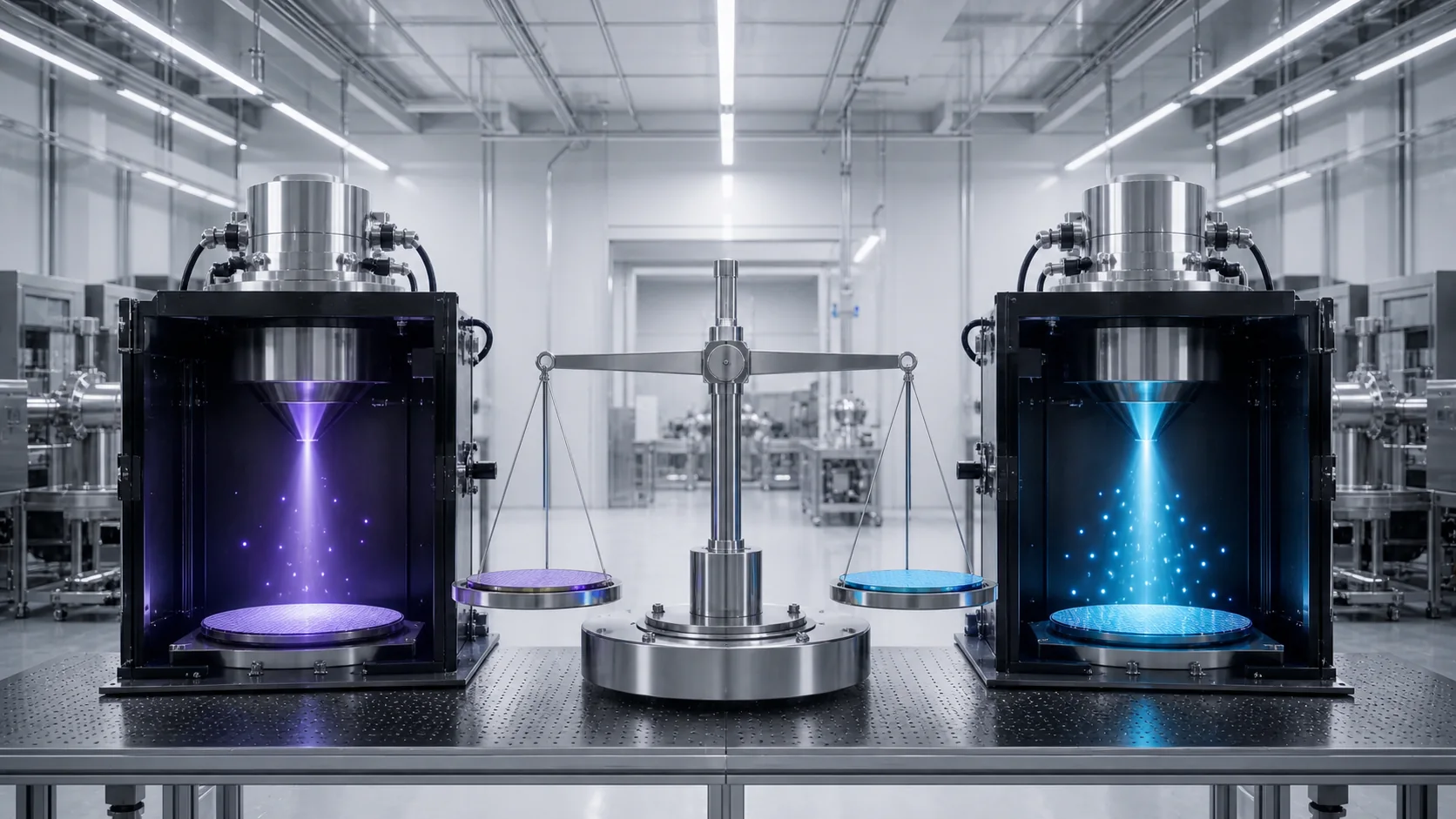 A precision balance compares a smaller group of violet photons with a larger group of cyan photons at equal delivered energy.