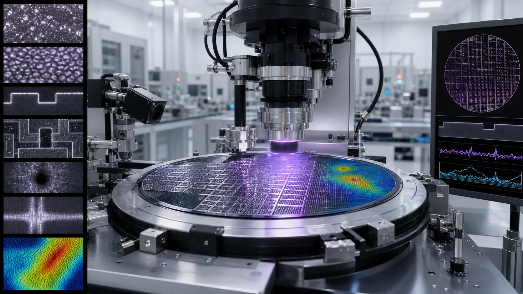 A wafer metrology station compares photon granularity, resist roughness, edge variation, and heat across multiple diagnostic panels.