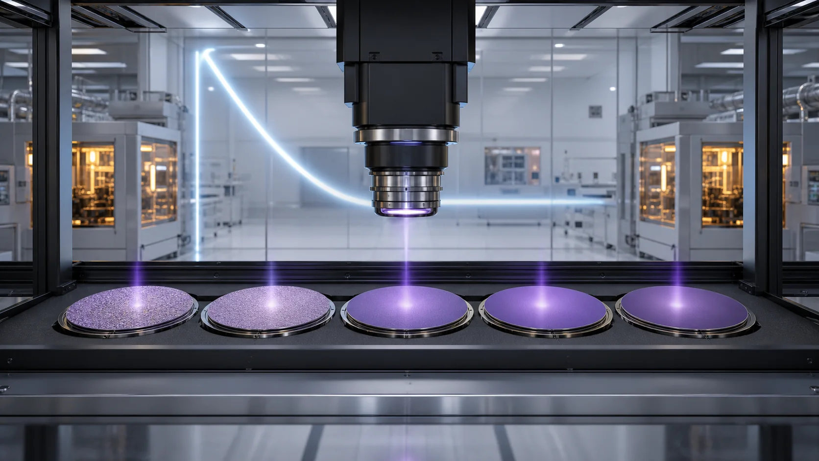 A row of wafer coupons improves under increasing exposure before the final samples settle at the same residual roughness.