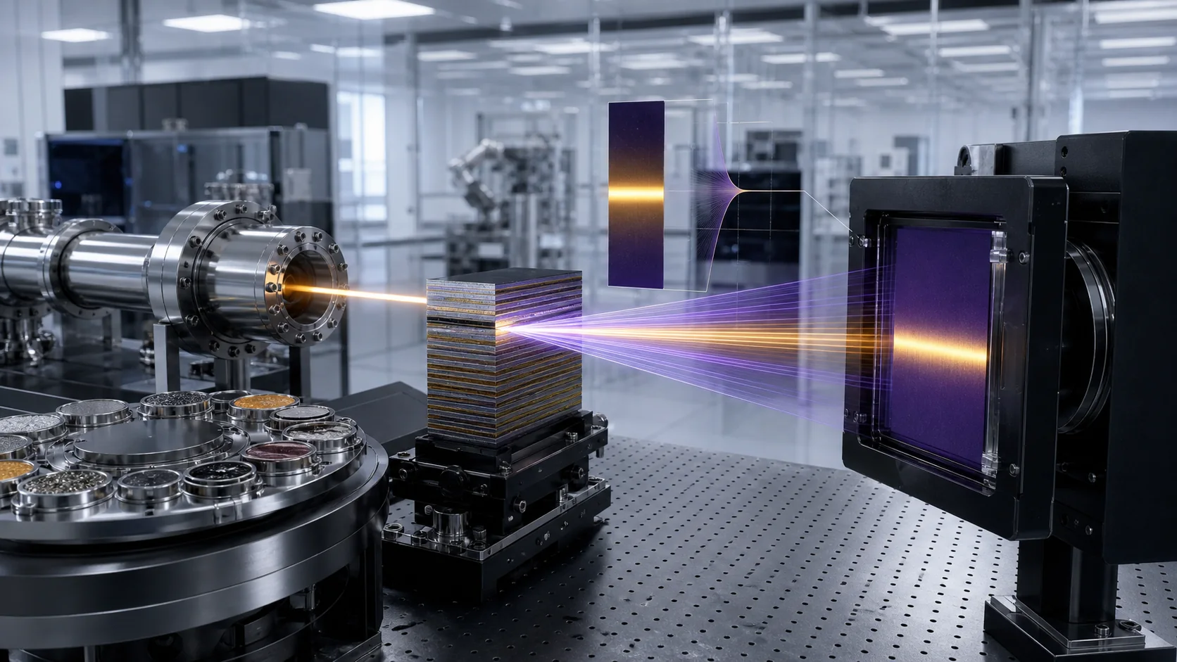 Multilayer mirror samples and spectroscopy instruments isolate a narrow violet wavelength window above a material absorption edge.