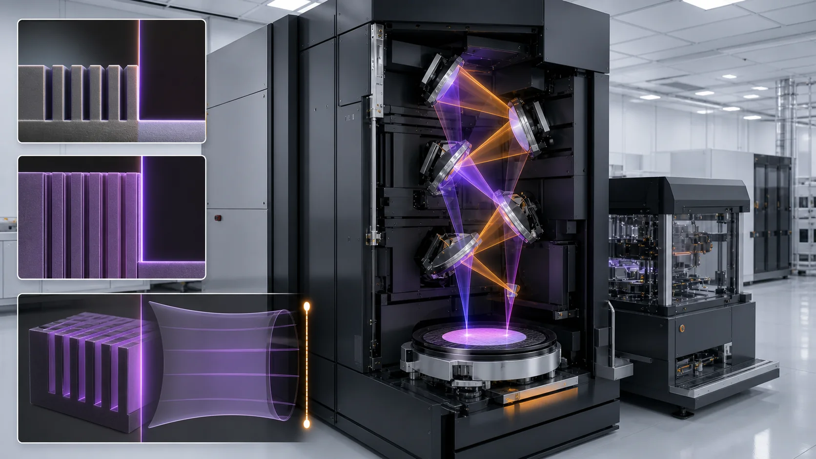 A violet optical system prints crisp dense lines while a focus cone and dry-process samples illustrate image contrast and process latitude.