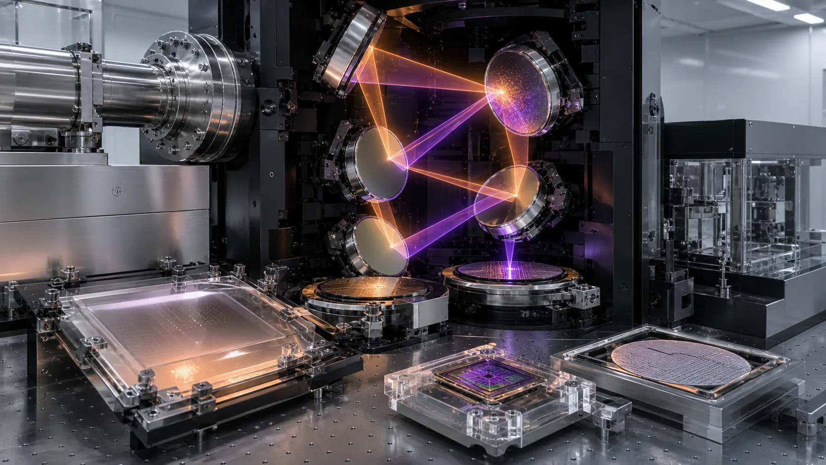 A violet optical qualification bench tests mirror coatings, a phase reticle, a pellicle membrane, and resist samples under amber diagnostics.