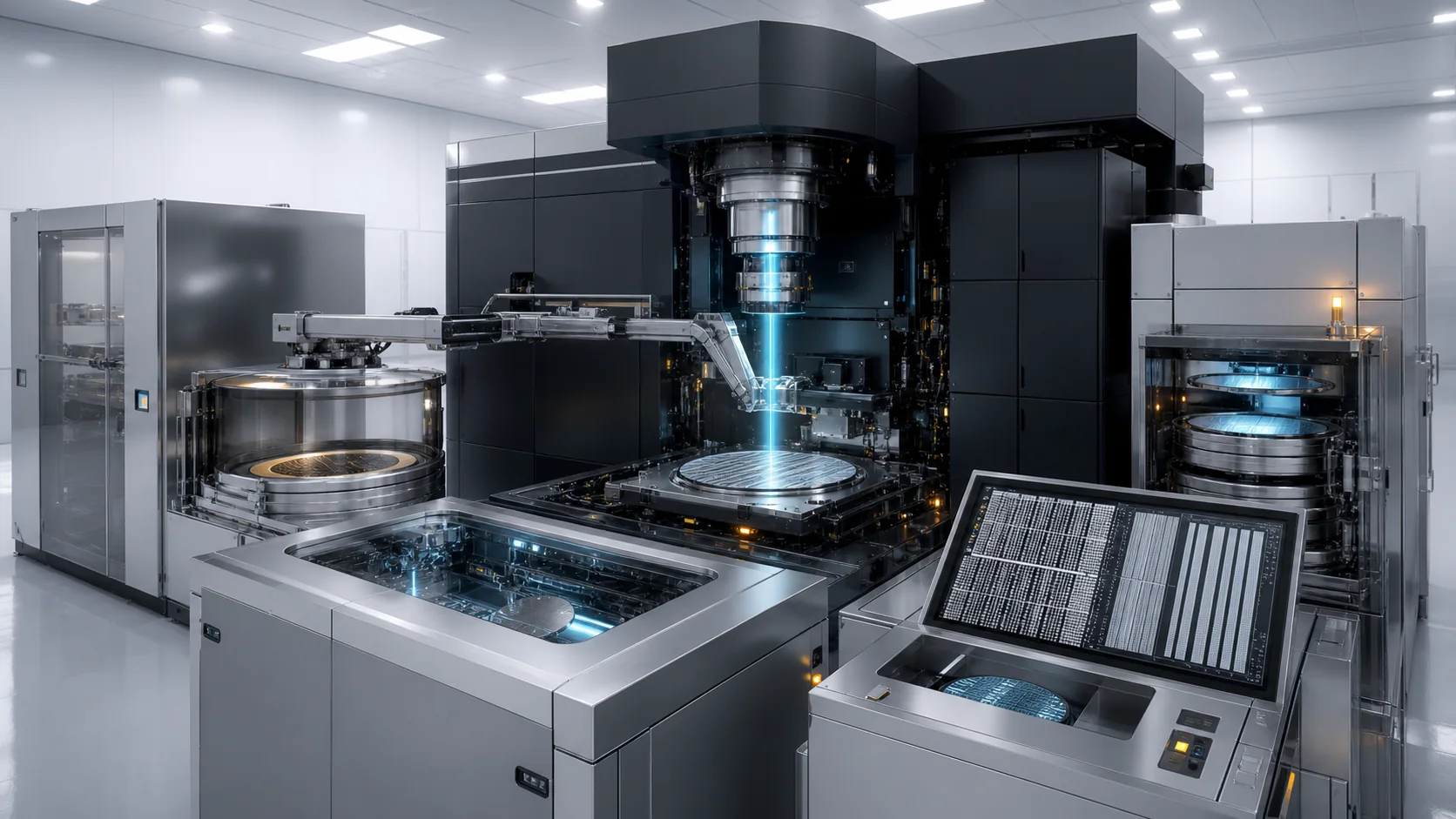 An existing-style High-NA scanner exposes a wafer while adjacent pods and metrology tools support a lower-risk bridge configuration.