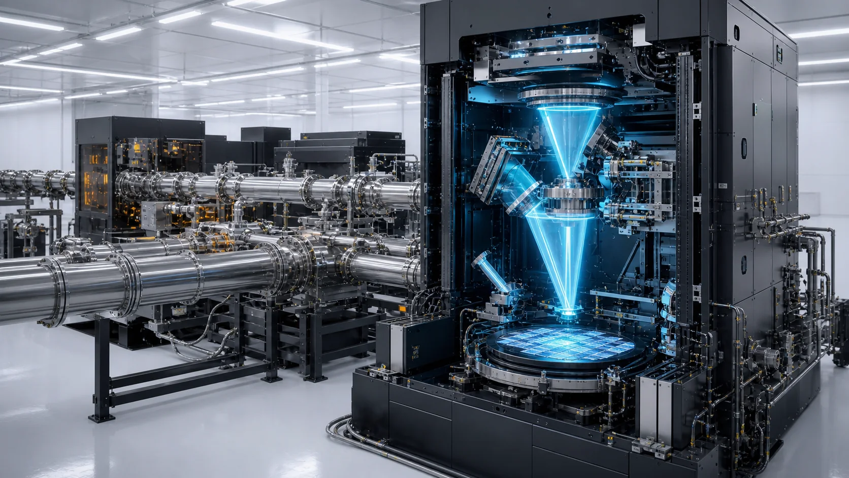 A large cyan hyper-NA projection module connects to a silver accelerator beamline and focuses a broad angular cone onto a wafer.