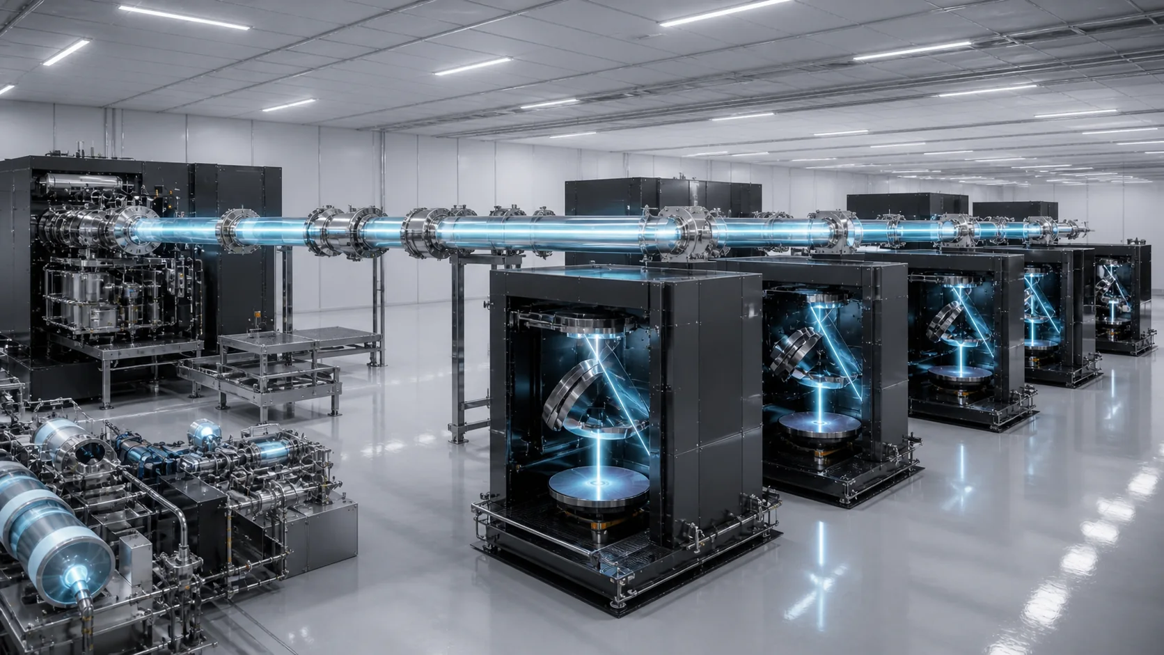 A shared cyan accelerator beamline distributes light to a row of scanner modules operating on multiple wafer stages.