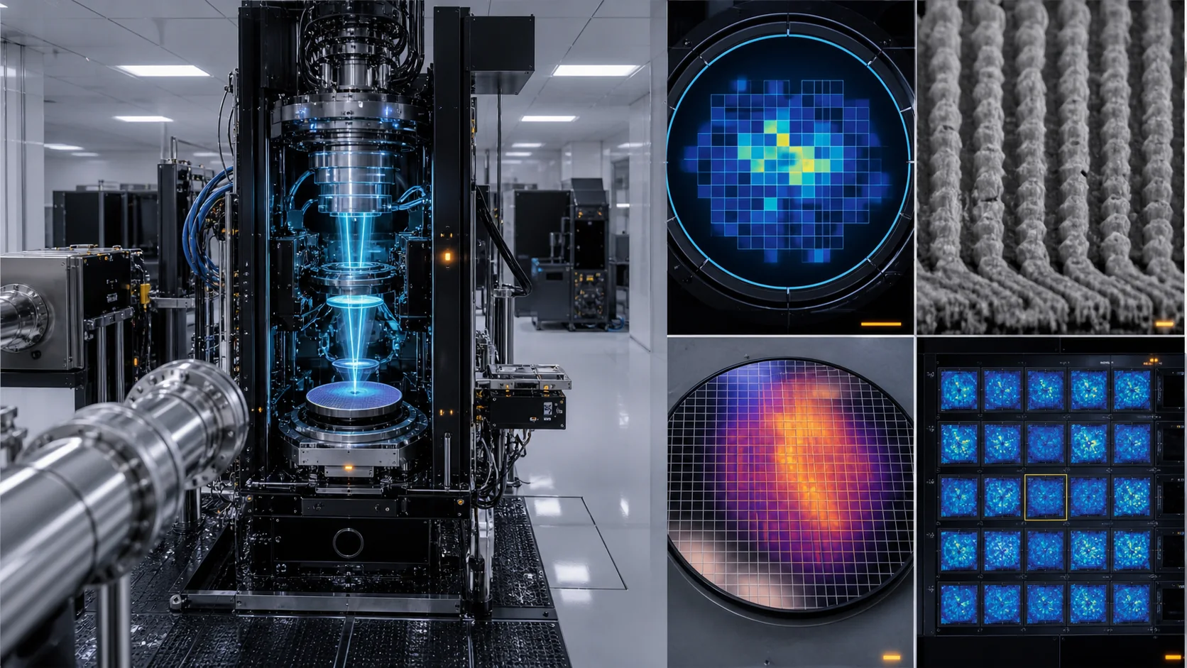 A cyan exposure module is surrounded by pupil-uniformity, resist-roughness, thermal-load, and field-defect diagnostics.