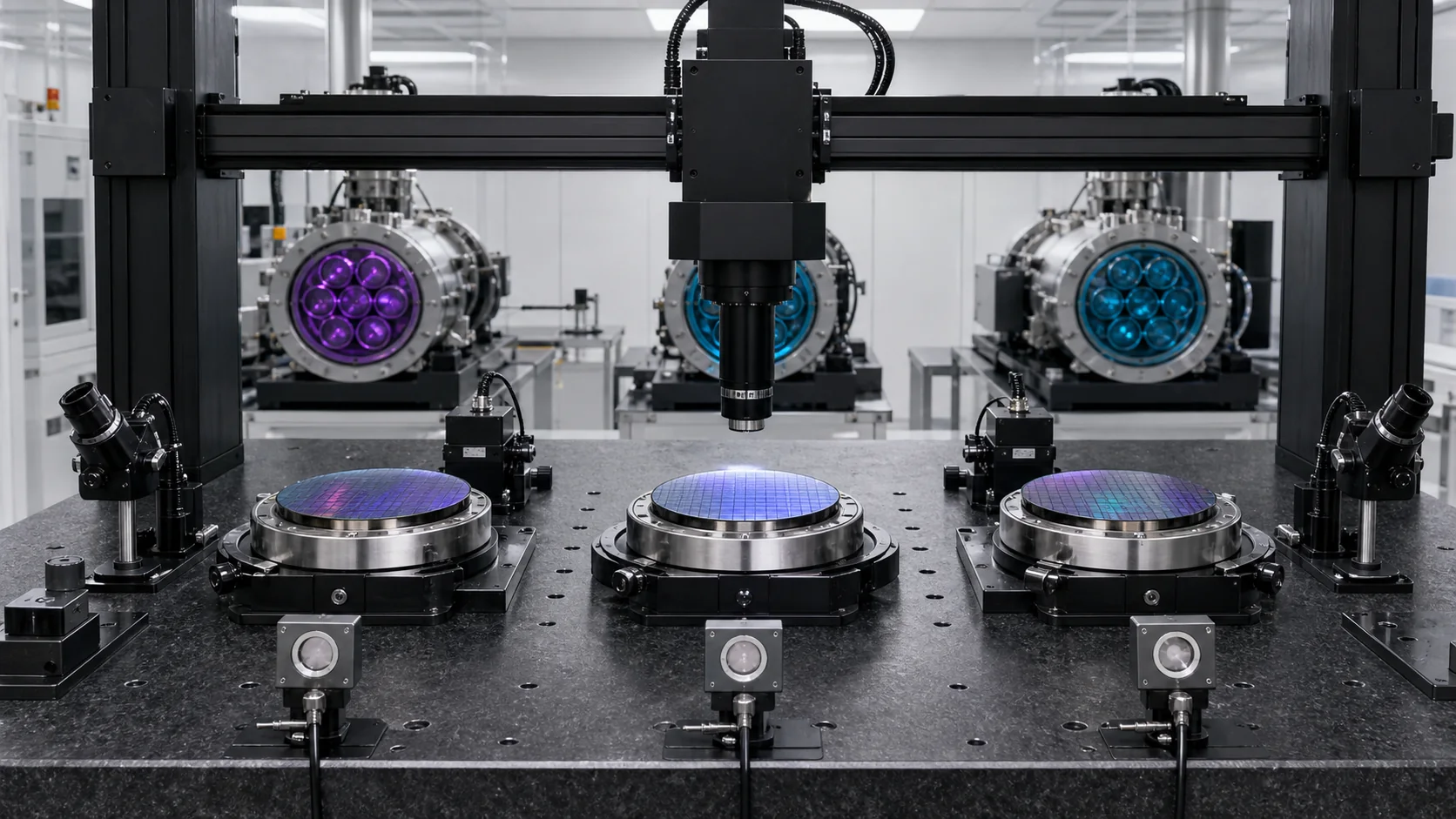 Three wafers sit in identical fixtures under one inspection gantry, with violet and cyan optical modules behind them.