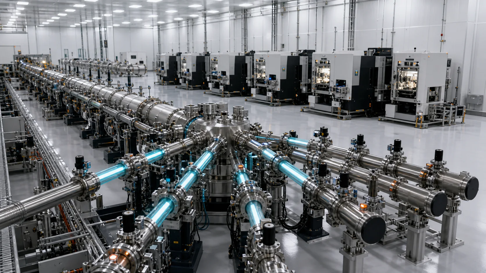 An accelerator switchyard shows five illuminated scanner branches while additional vacuum ports remain capped and inactive.