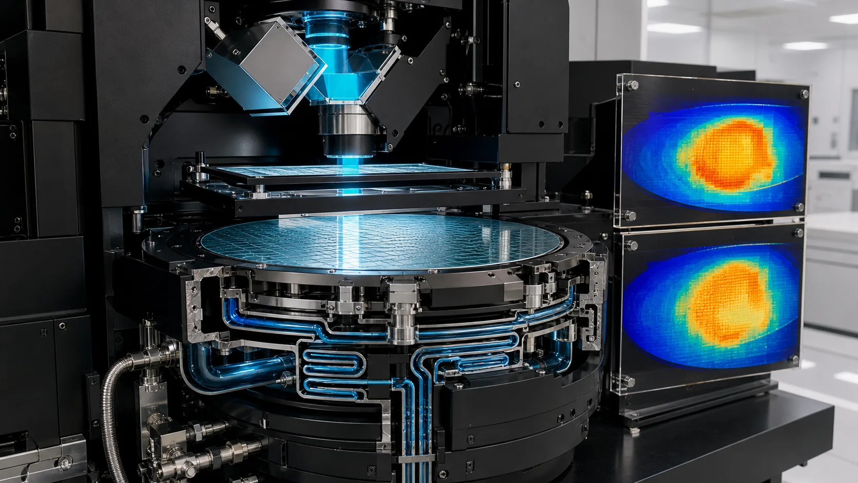 A wafer stage cutaway reveals liquid cooling channels beside false-color thermal fields on the wafer and reticle.