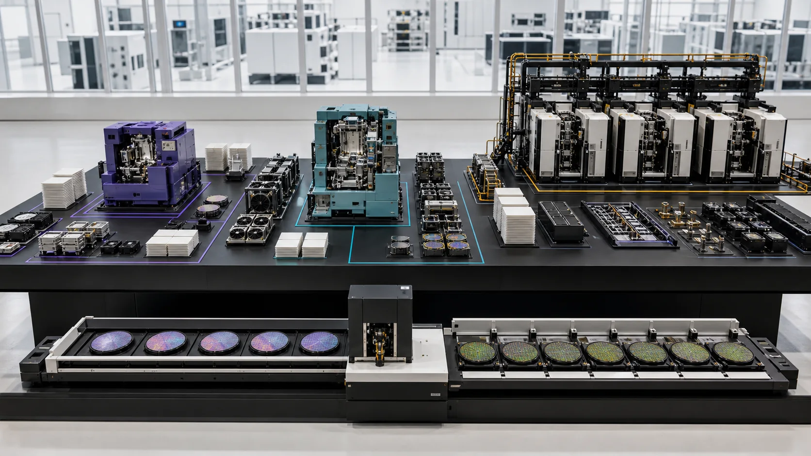 Physical models of three lithography systems sit with optics, utility modules, wafer carriers, and a good-wafer sorting line.