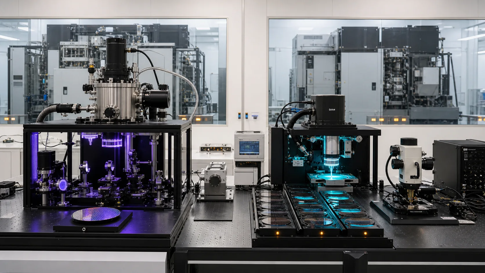 A violet phase-reticle microfield rig and a cyan High-NA dose-ladder rig operate on one modest laboratory bench while full scanners remain inactive behind glass.