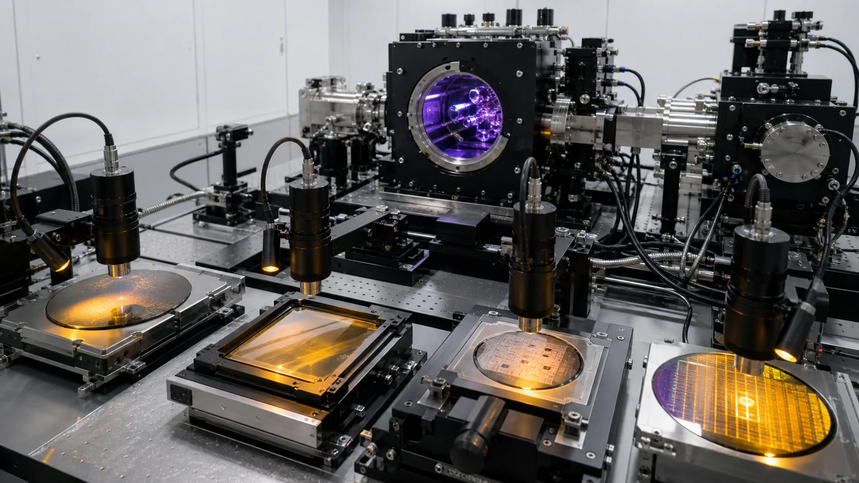 A violet microfield rig tests a scattering mirror coating, distorted pellicle, defective reticle, and unstable resist-line samples under amber diagnostics.