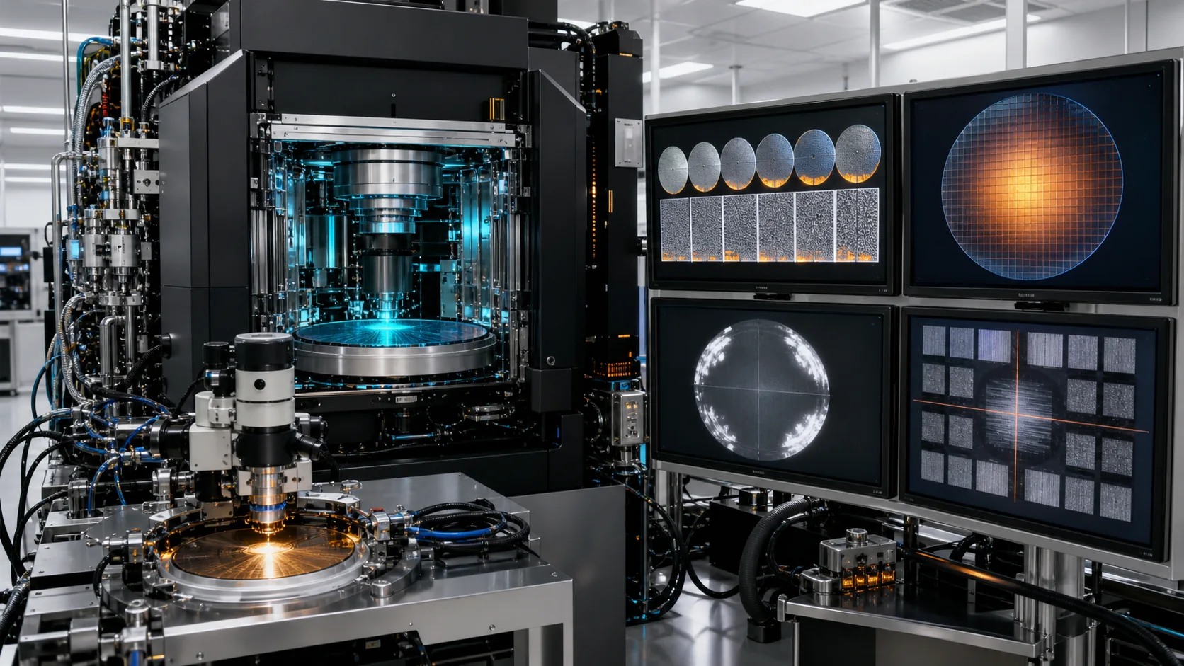 A cyan exposure module is paused beside dose-series roughness, thermal load, pupil uniformity, and limited-field diagnostics.