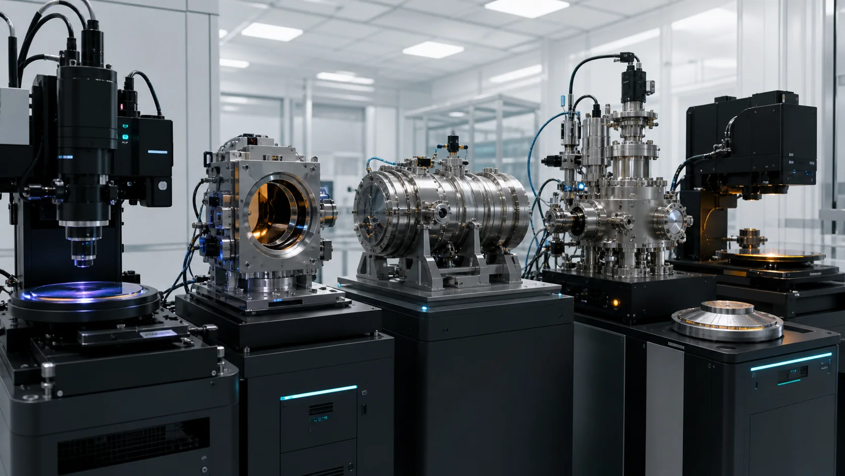 Measured optics, an accelerator cavity, a source chamber, a patterned wafer, and a thermal chuck stand as completed laboratory demonstrators.