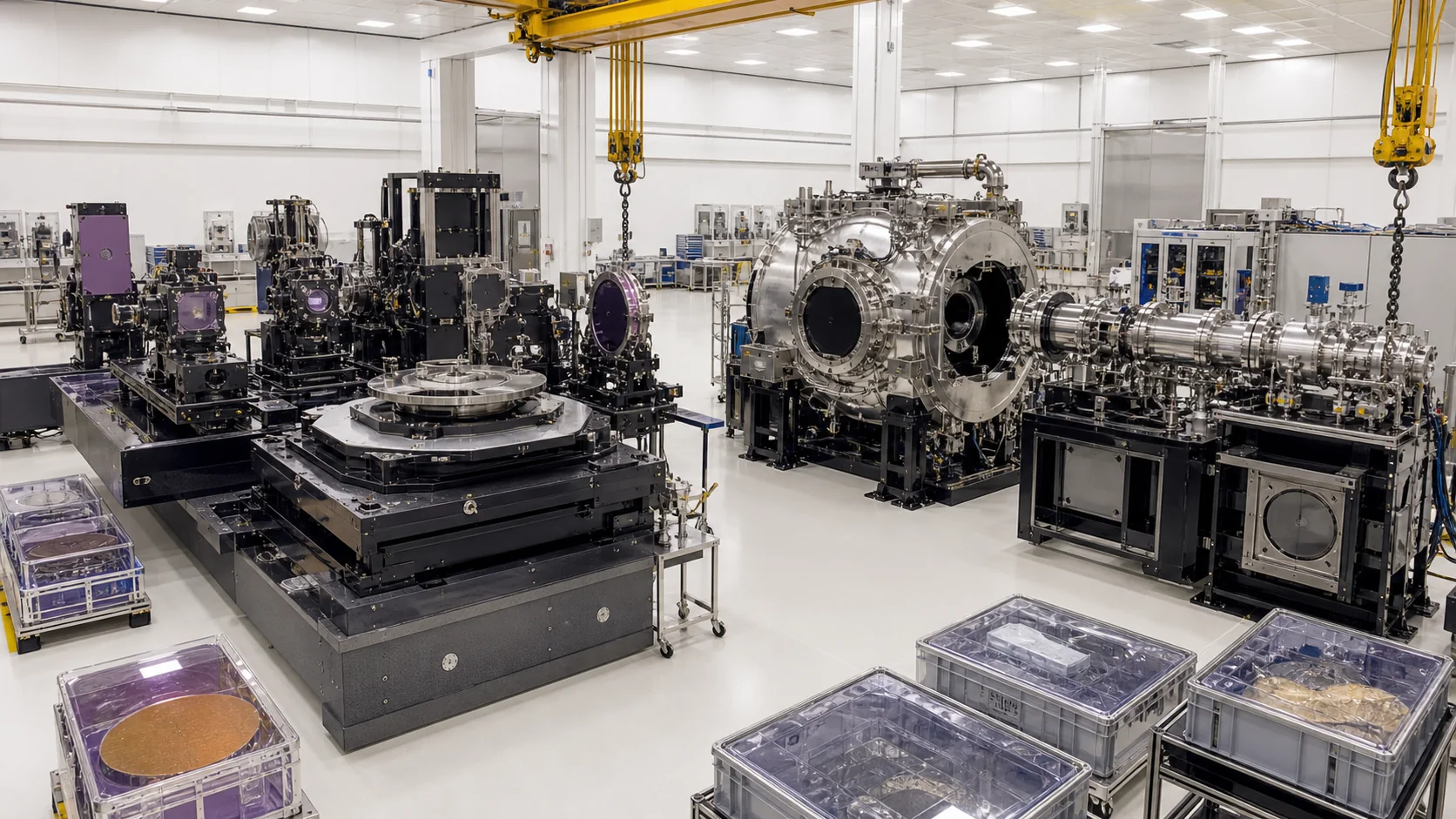 Two partially assembled lithography systems contain protected empty optical positions and an unconnected accelerator-to-scanner interface.