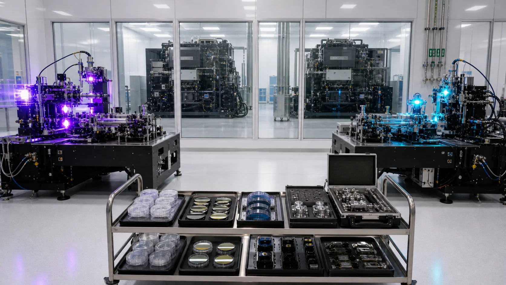Sample carriers and metrology components are allocated to violet and cyan experiment benches while two full machines remain inactive behind glass.