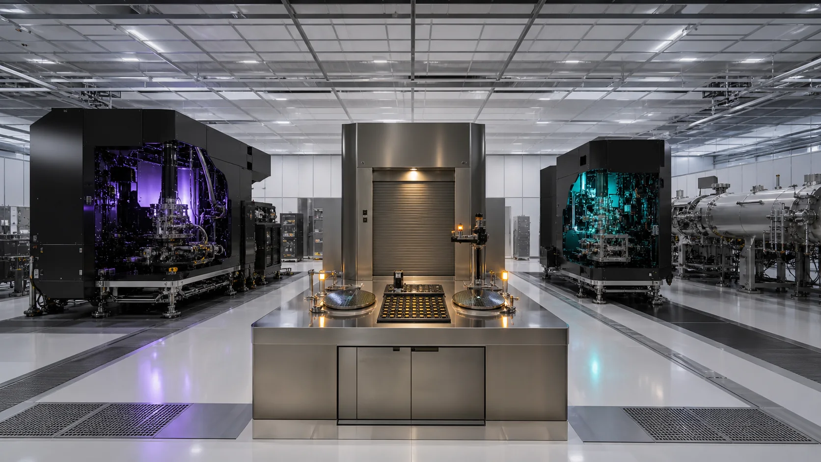 Violet Q6 and cyan E13 concept machines stand at equal scale on opposite sides of a central wafer metrology island and closed decision shutter.