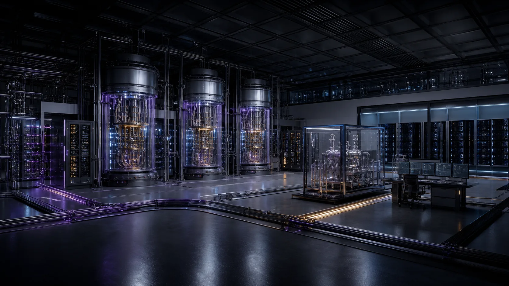 Concept visualization of a modular fault-tolerant superconducting quantum computer with cryostats, processor modules, classical control racks, and a verification station.