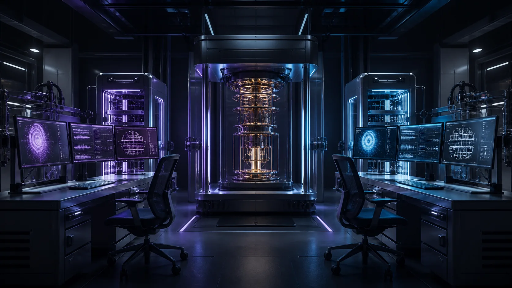 Concept visualization of two independent engineering workstations checking the same quantum hardware model, arithmetic, and evidence ledger from opposite sides, illustrating How to check this document instead of trusting it.