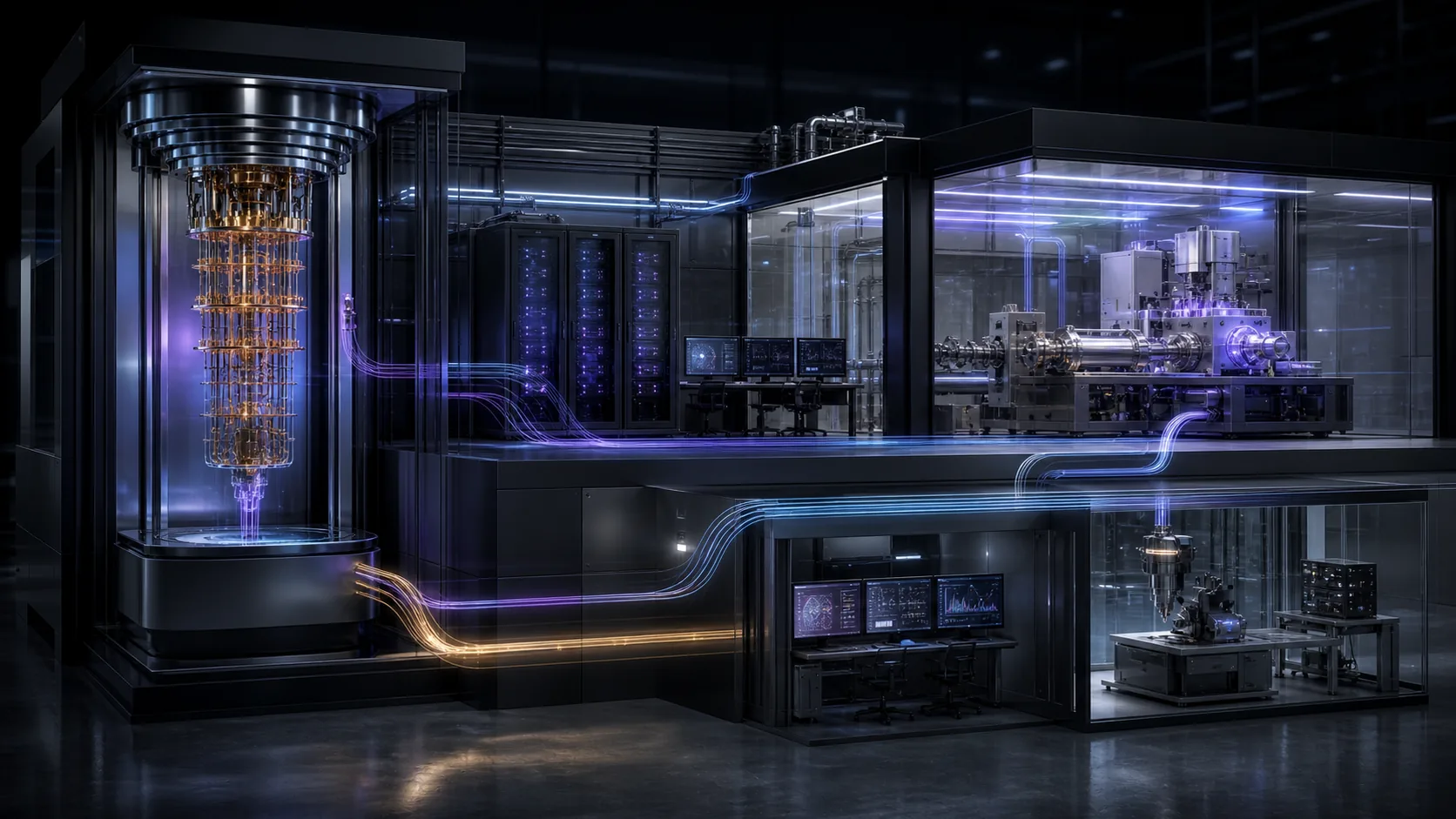Concept visualization of a complete modular quantum-computing facility cutaway combining cryostats, control racks, semiconductor fabrication, and verification consoles, illustrating Executive summary.