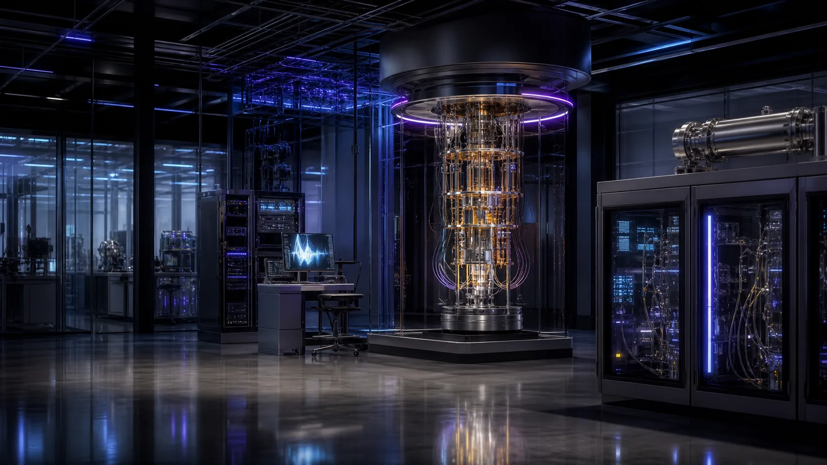 Concept visualization of a fault-tolerant quantum-computer engineering laboratory focused on what we are proposing to build, illustrating What we are proposing to build.