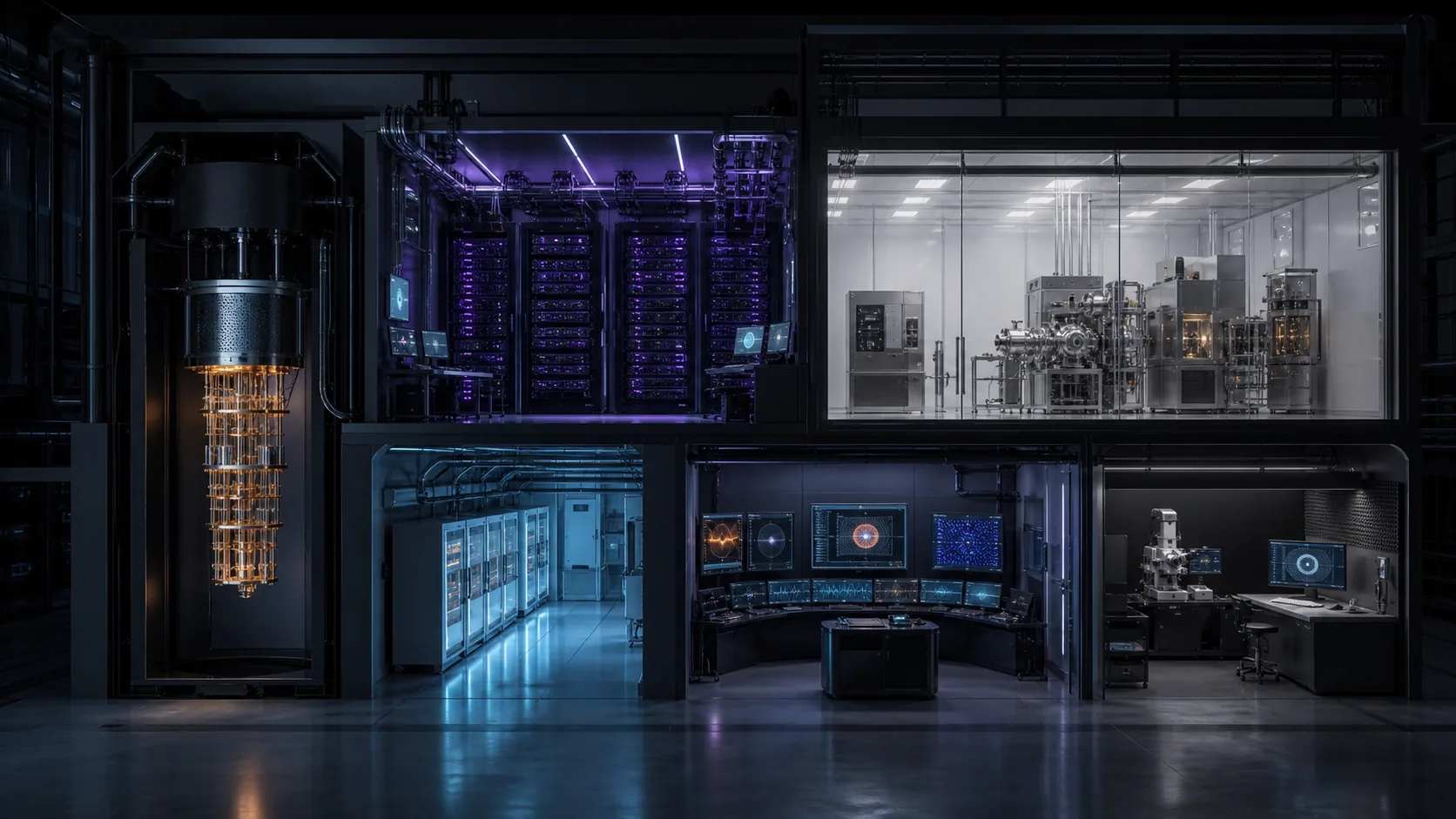 Concept visualization of a complete modular quantum-computing facility cutaway combining cryostats, control racks, semiconductor fabrication, and verification consoles, illustrating The three things worth knowing.