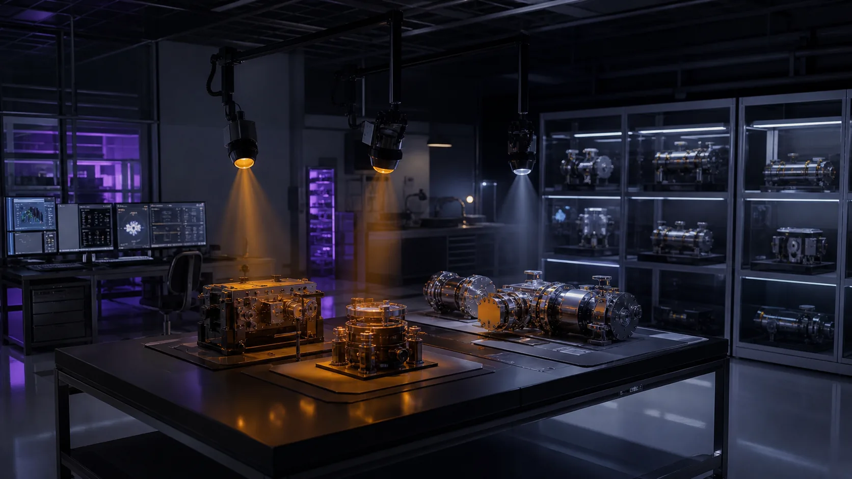 Concept visualization of an engineering review room with unresolved hardware modules isolated under amber diagnostic light and completed modules under cool white light, illustrating What this plan does not claim.